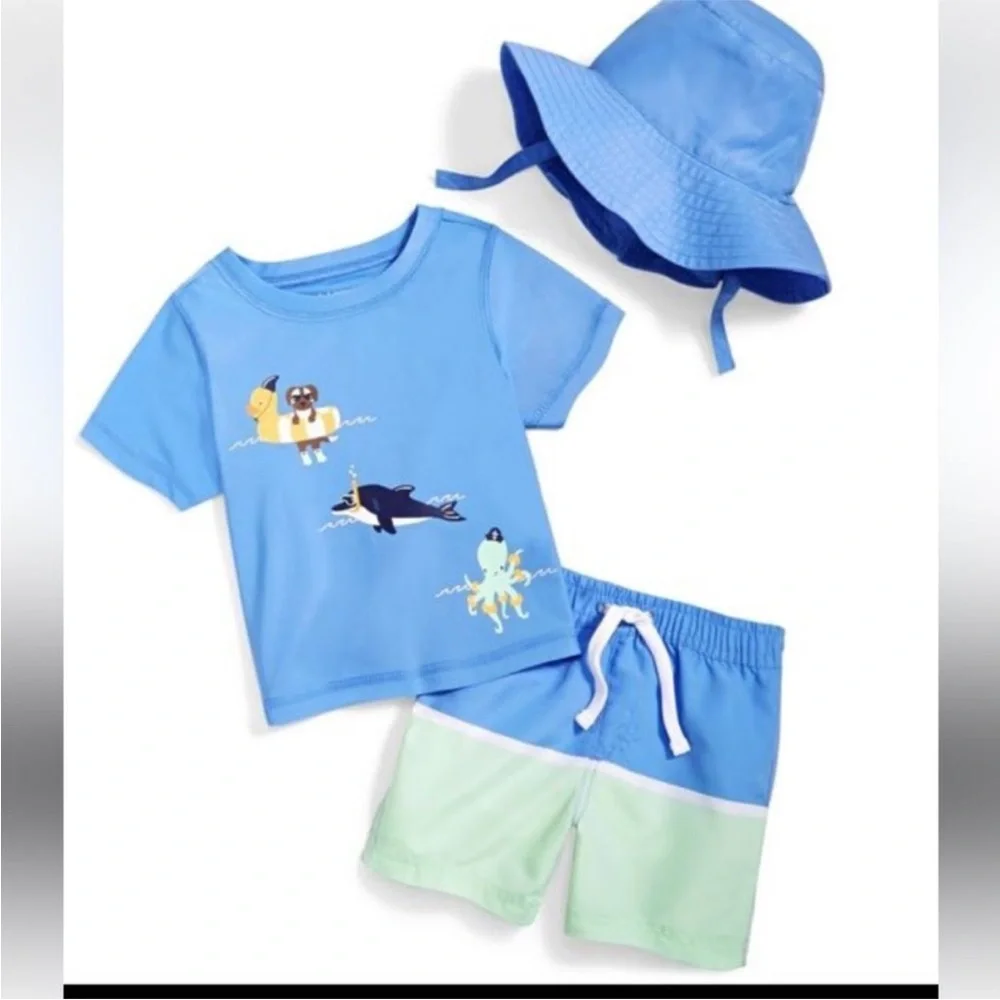 New! Kids Blue Swim Set with Hat Sun Protection UPF 50- Size 18 months
